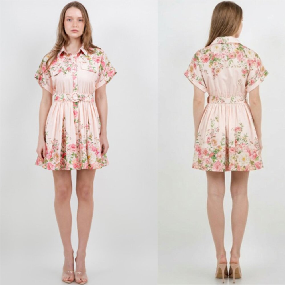 MA10. Floral Pink Print Button Front Mini Dress With Belt
